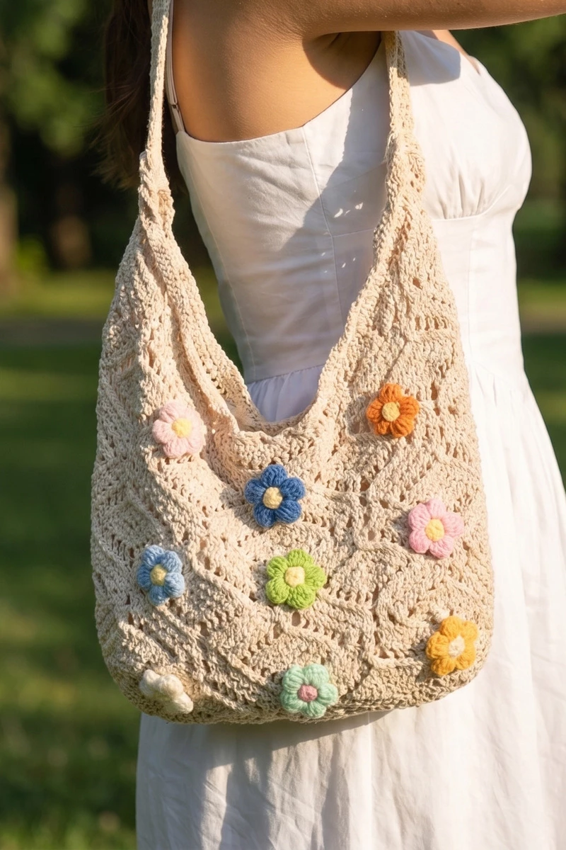 Floral Crochet Knit Cotton Shoulder Bag