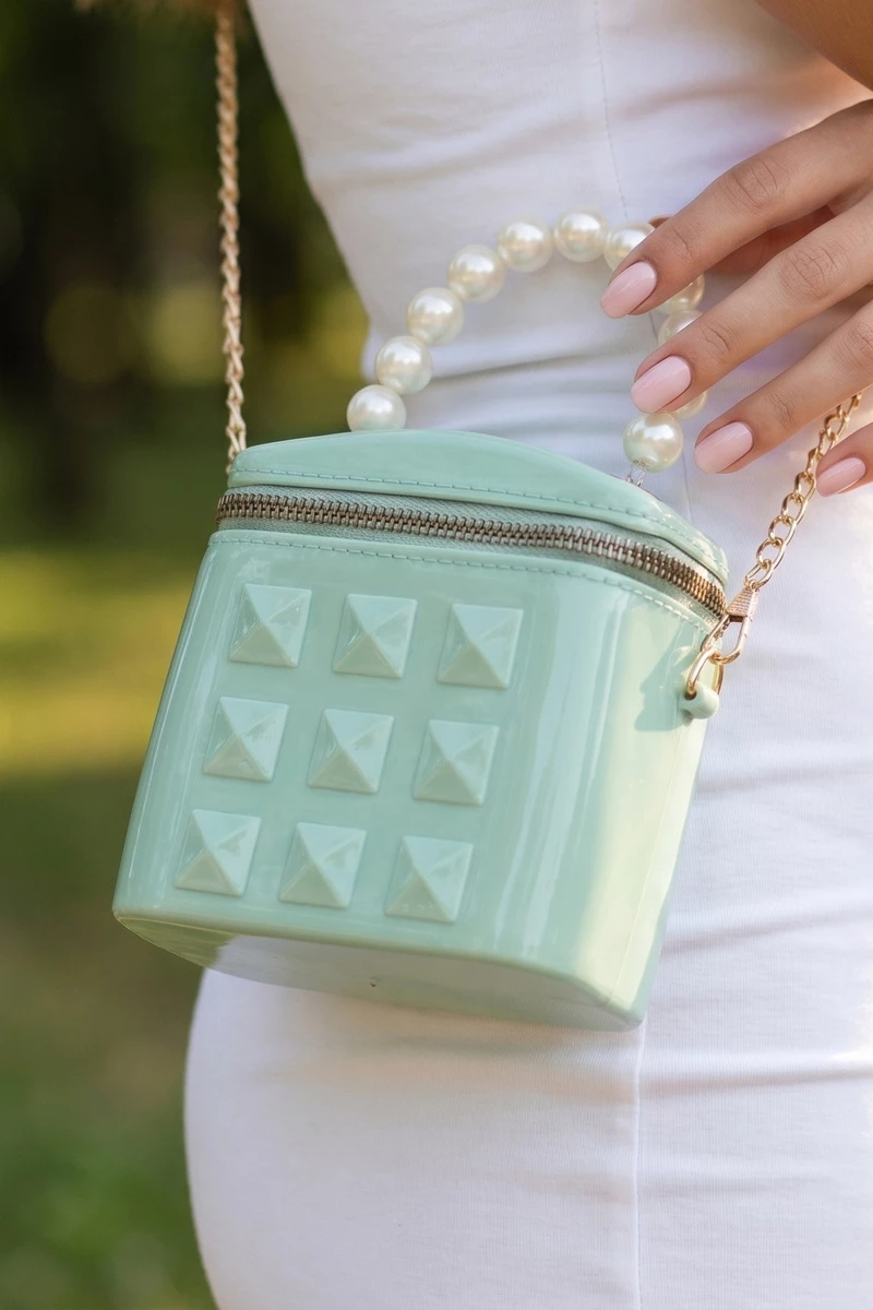 Pyramid Stud Pearl Handle Box Bag