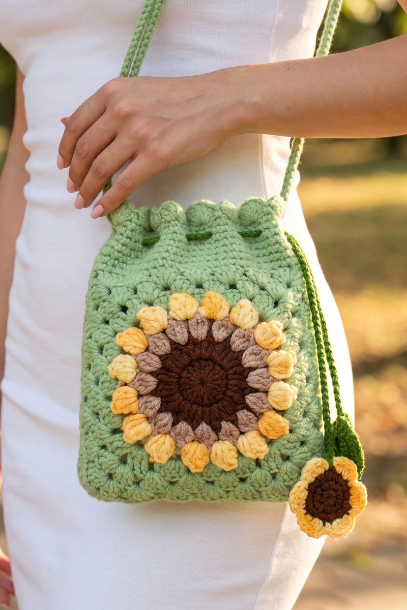 Sunflower Crochet Drawstring Bucket Bag