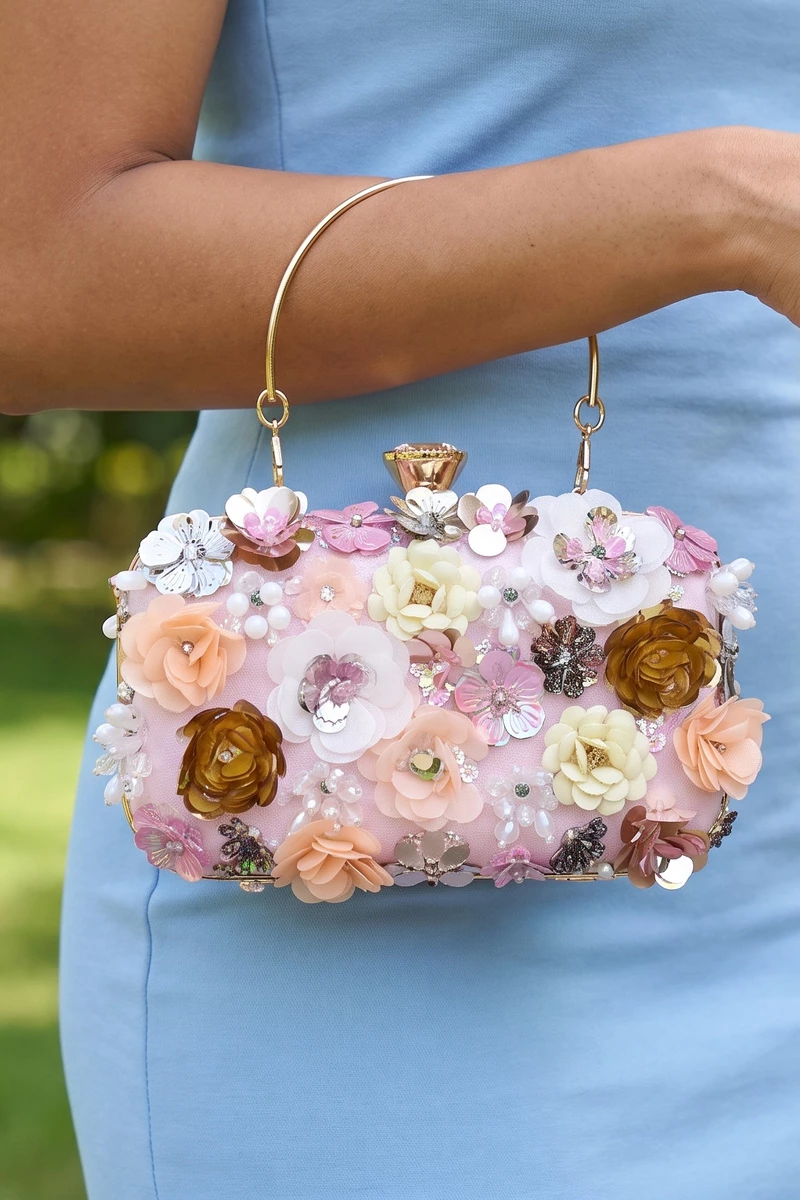 Floral Sequin Hard Case Evening Clutch