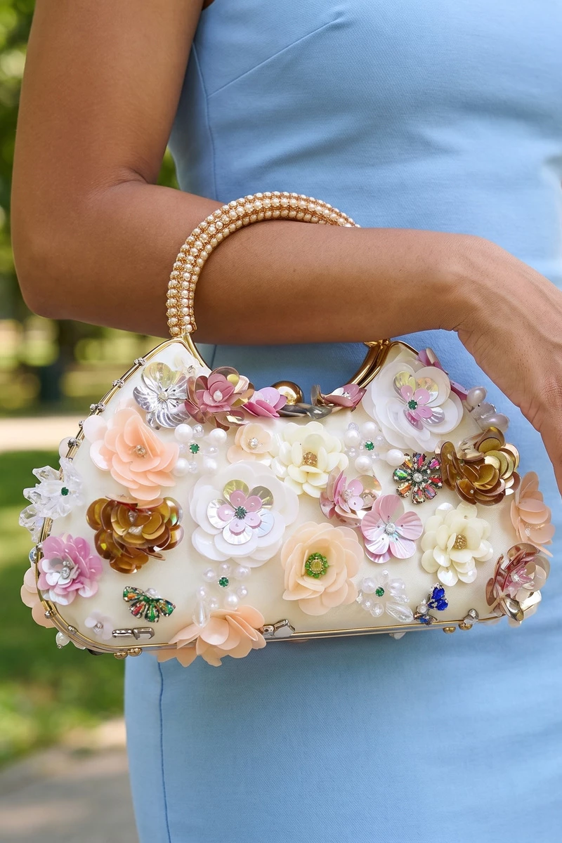 Floral Sequin Frame Top Handle Bag