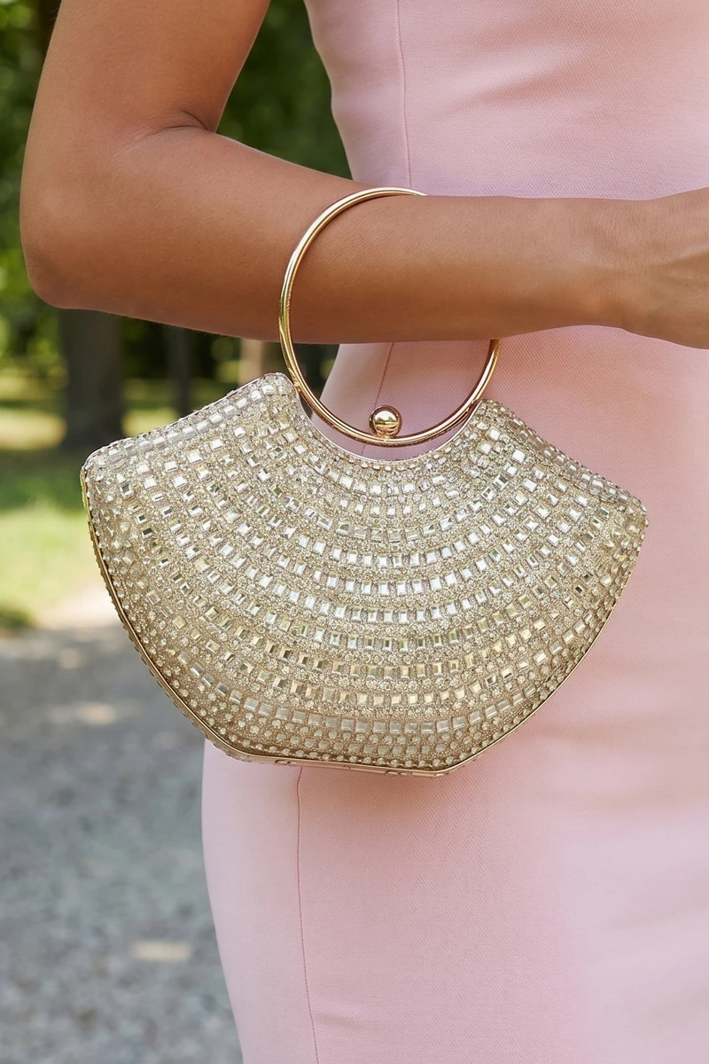 Rhinestone Half Moon Ring Handle Bag