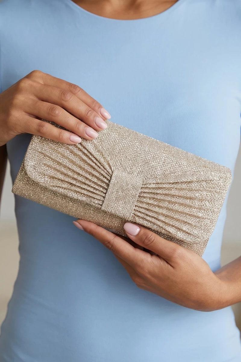 Glitter Bow Pleated Clutch Bag