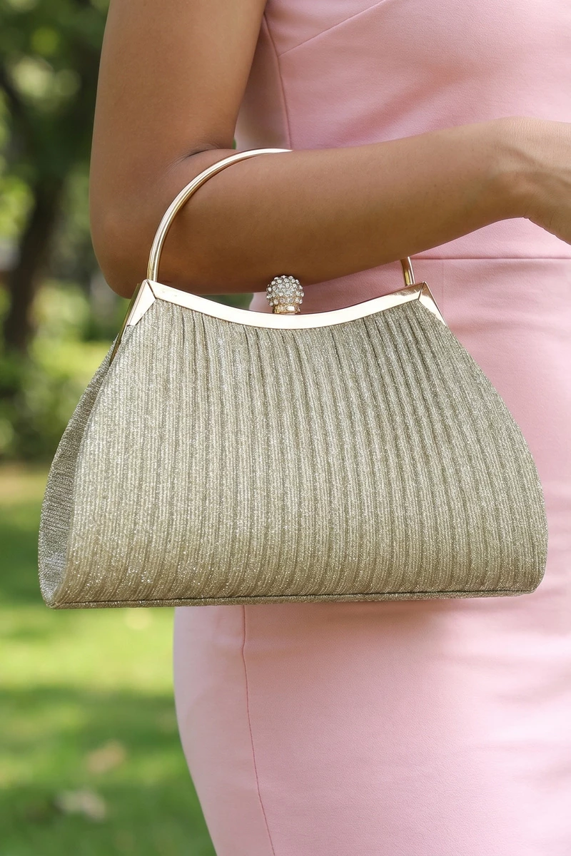 Pleated Glitter Frame Evening Clutch