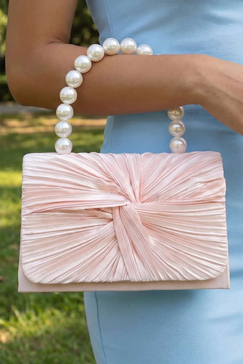 Knotted Pleated Pearl Handle Clutch