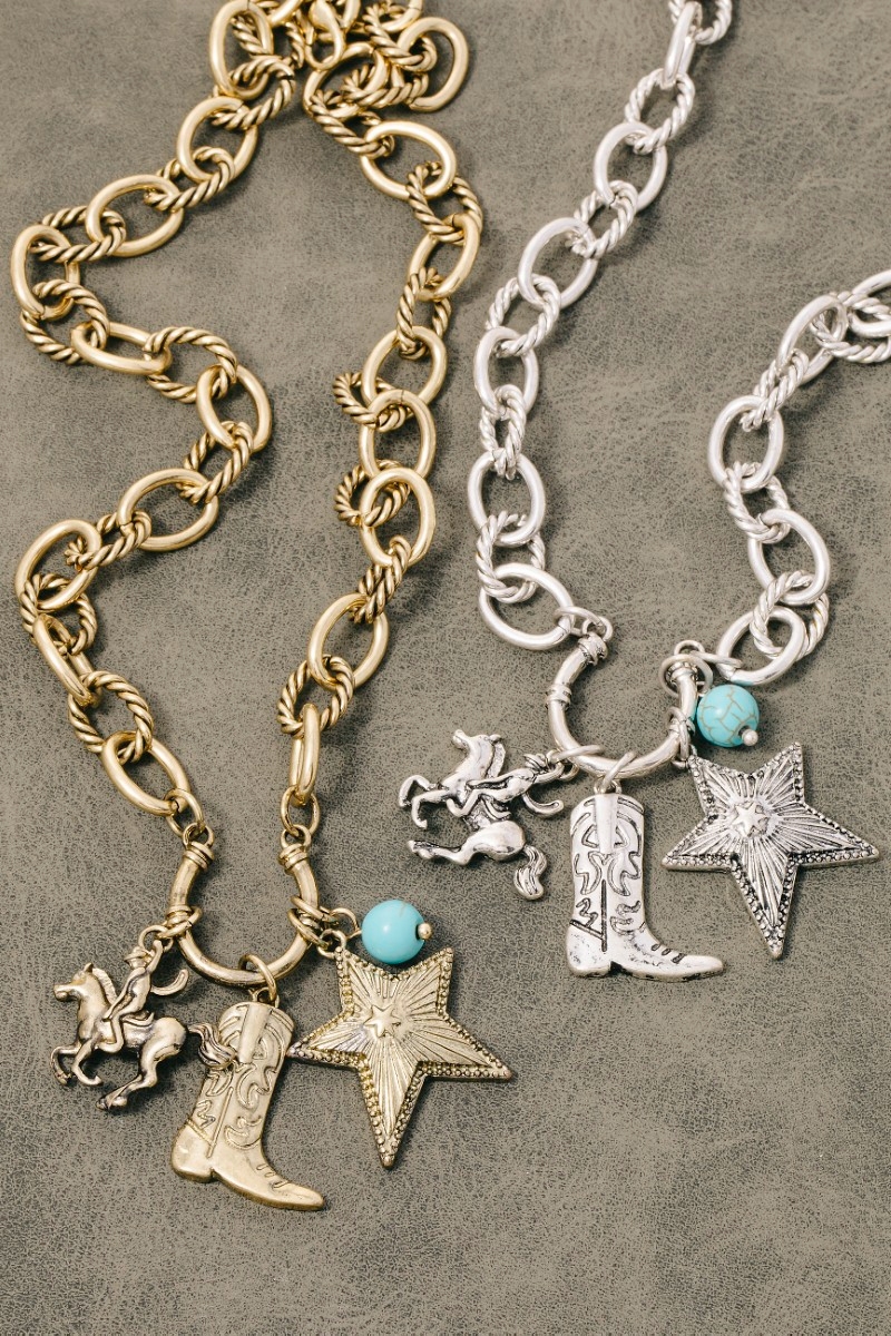 Western Cowboy Boot And Star Pendants Chain Necklace