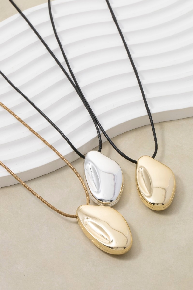 Metallic Bean Shape Pendant Cord Necklace