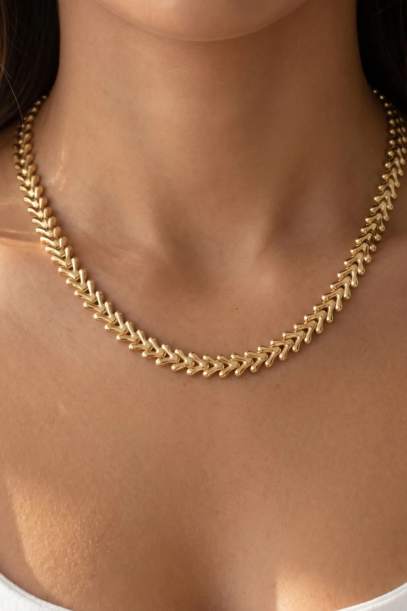 Gold Dipped Chevron Fishbone Chain Necklace