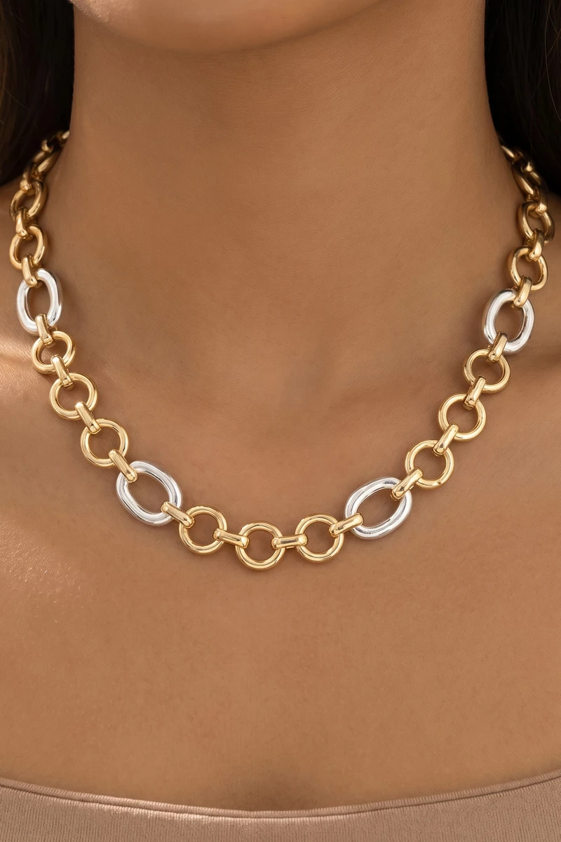 Two Tone Circle Link Chain Necklace