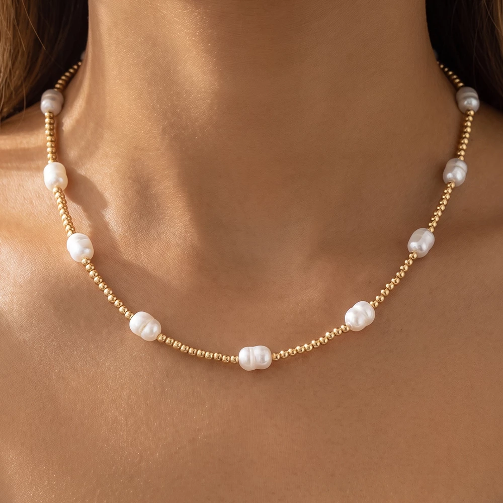 Baroque Pearl Station Ball Bead Necklace