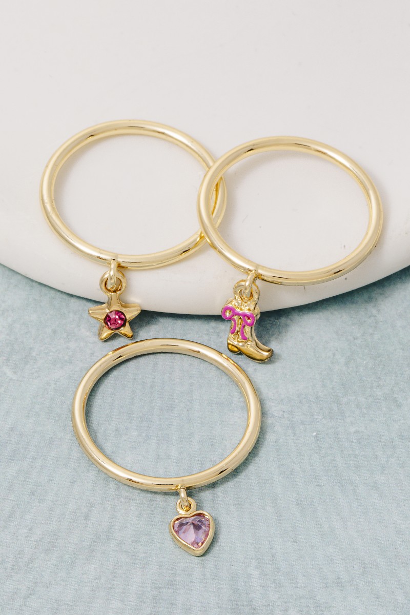 Secret Box Gold Dipped 3Pc Dangle Charms Band Rings Set