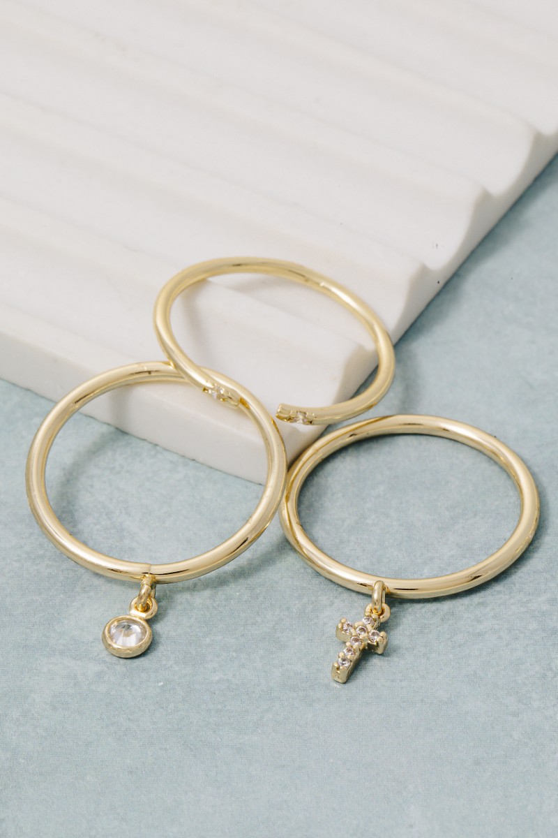 Secret Box Gold Dipped 3Pc Cross Charm Band Rings Set