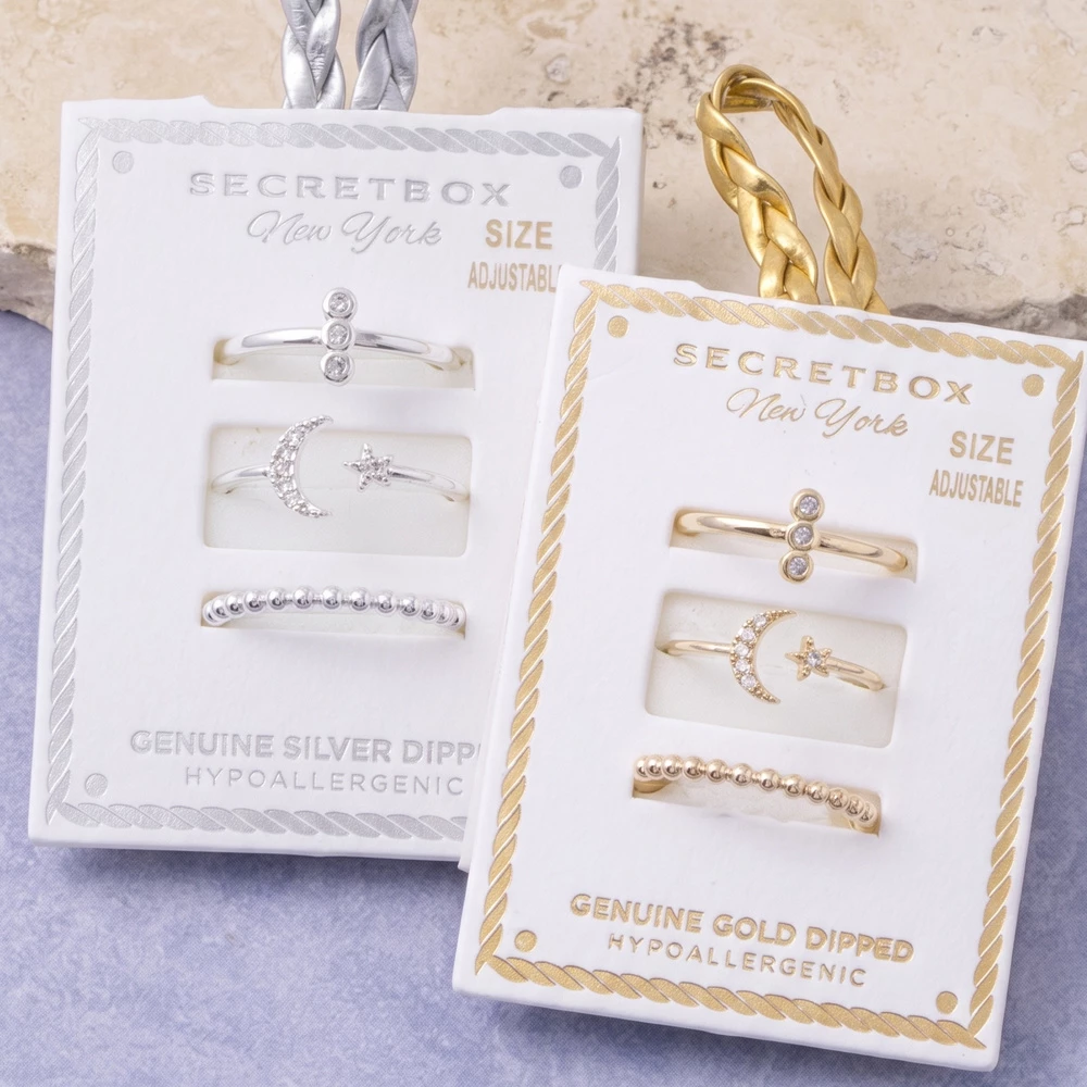 Gold Dipped Cz Moon And Star Ring Set