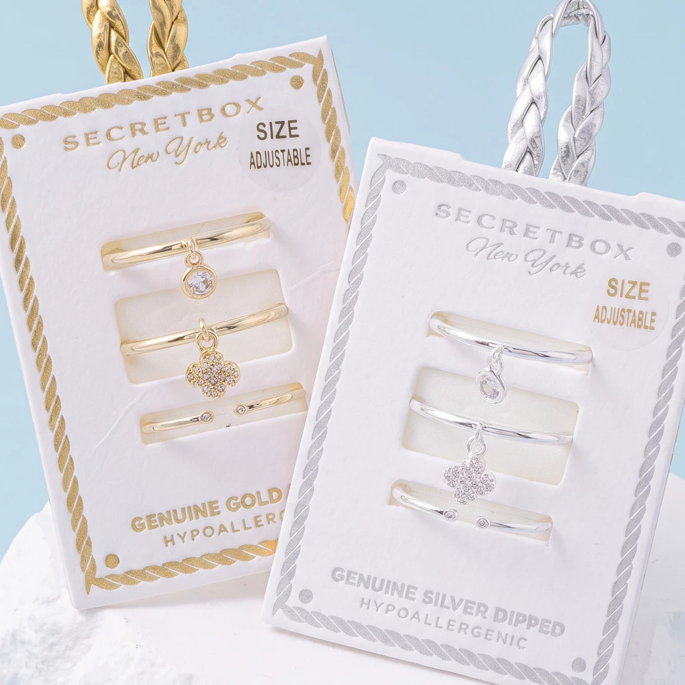Gold Dipped Pave Clover Charm Ring Set