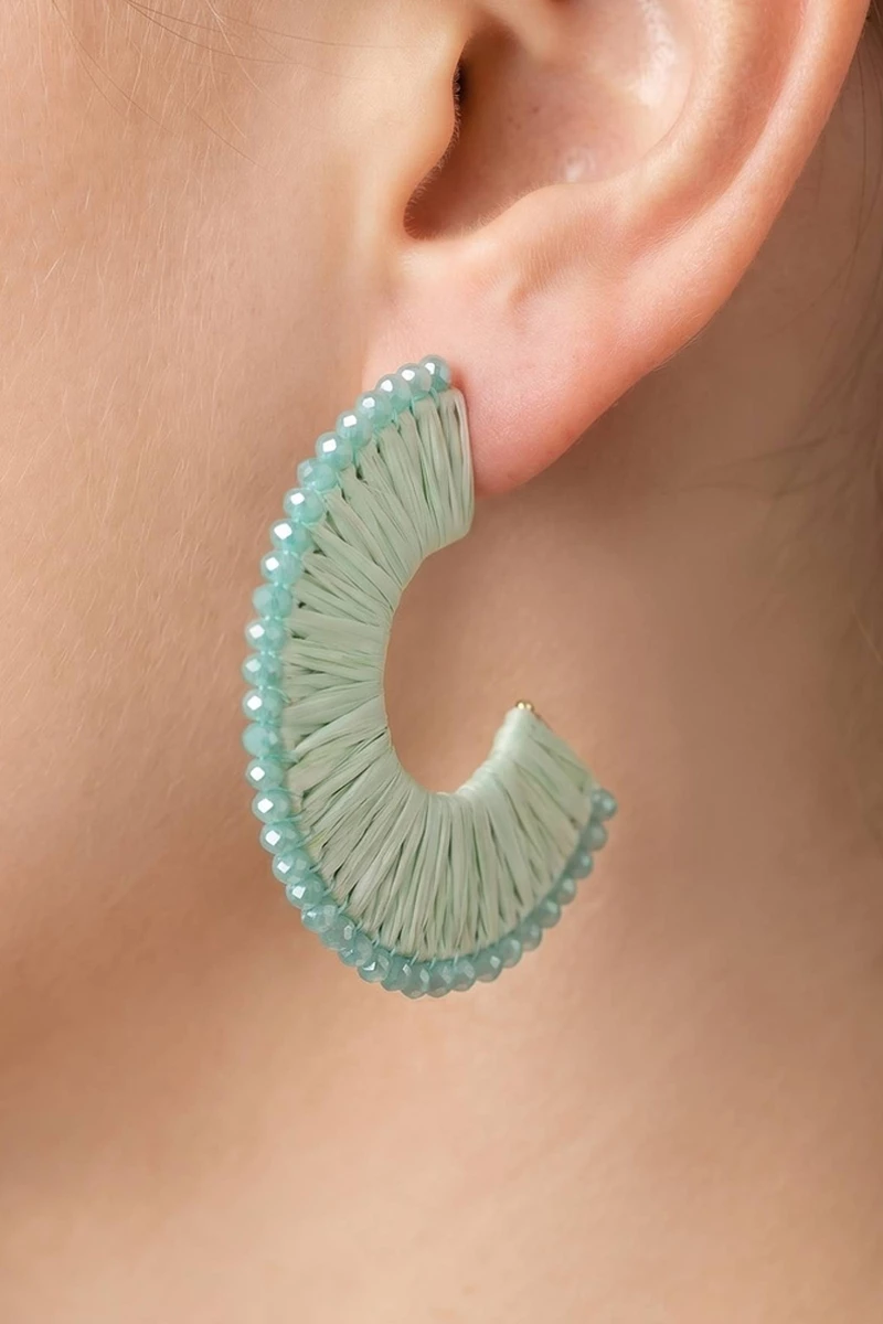 Raffia Wrapped Crystal Beaded Hoop Earrings