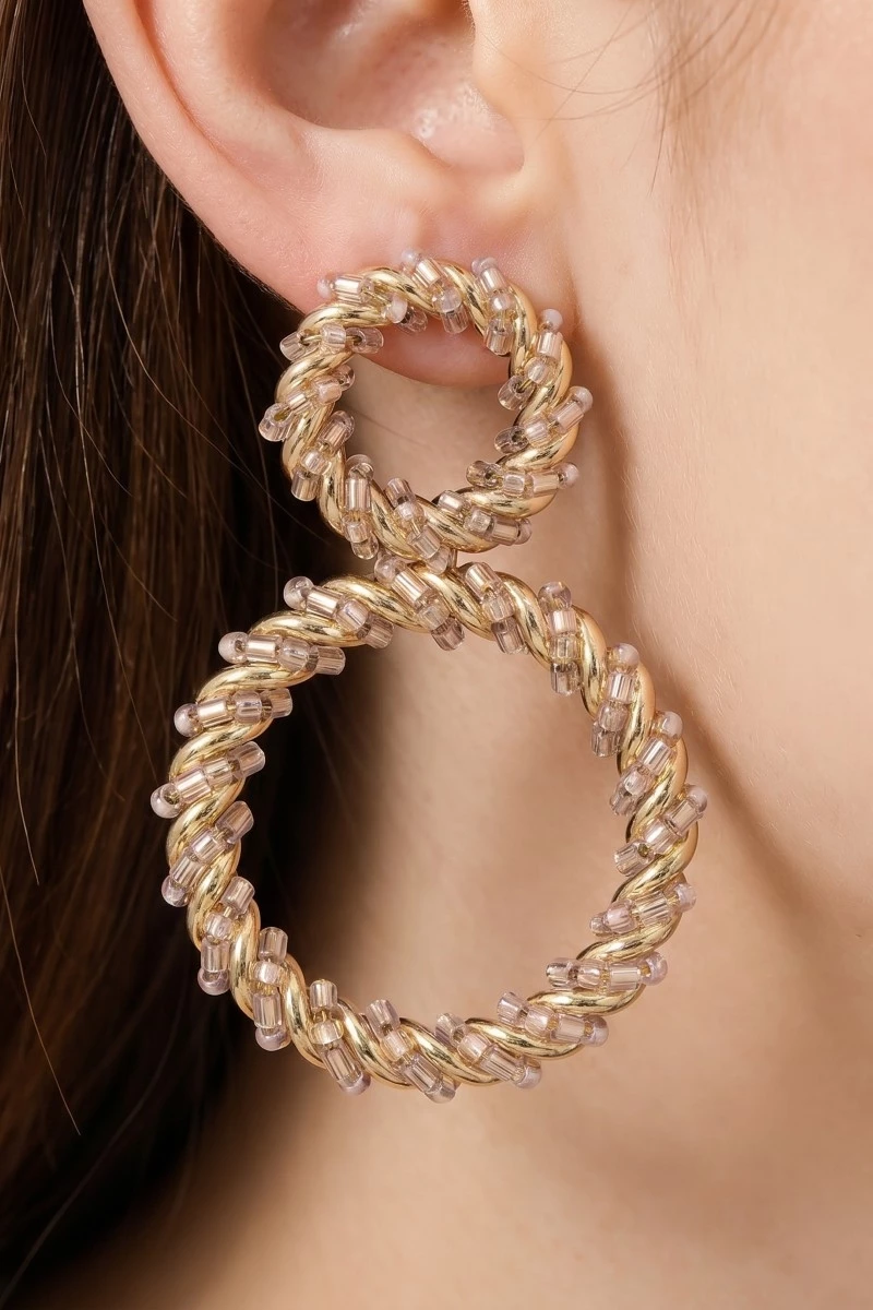 Bead And Wire Metallic Braid Hoops Dangle Earrings