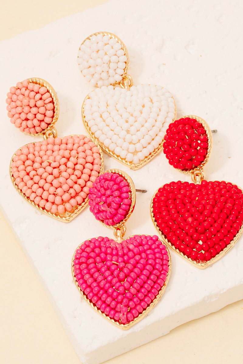 Seed Beaded Heart And Disc Dangle Earrings