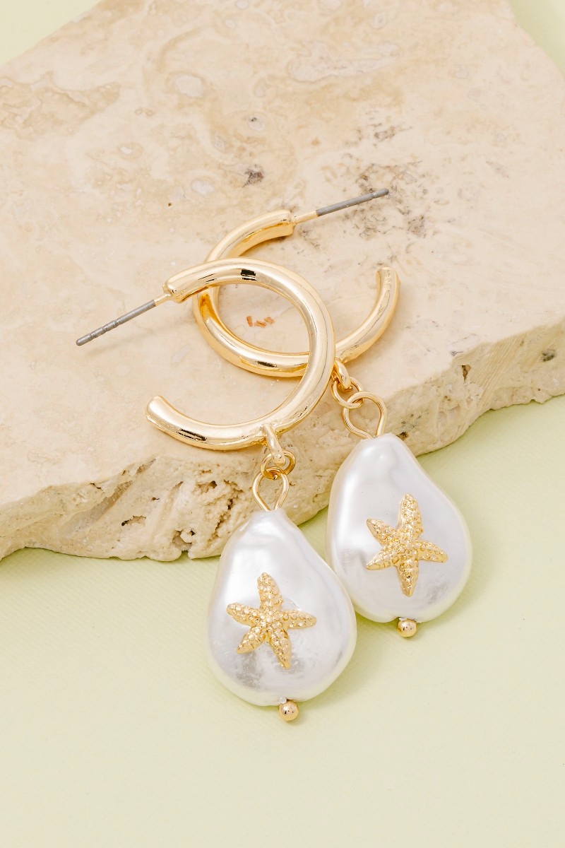 Starfish Pearl Dangle Hoop Earrings