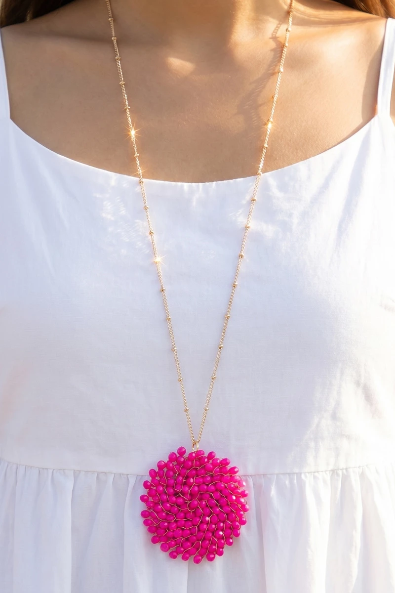 Glass Bead Cluster Pendant Long Chain Necklace