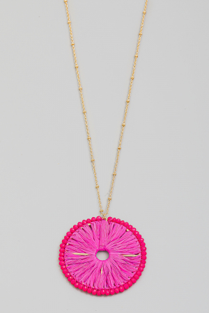 Raffia Circle Disc Pendant Long Necklace