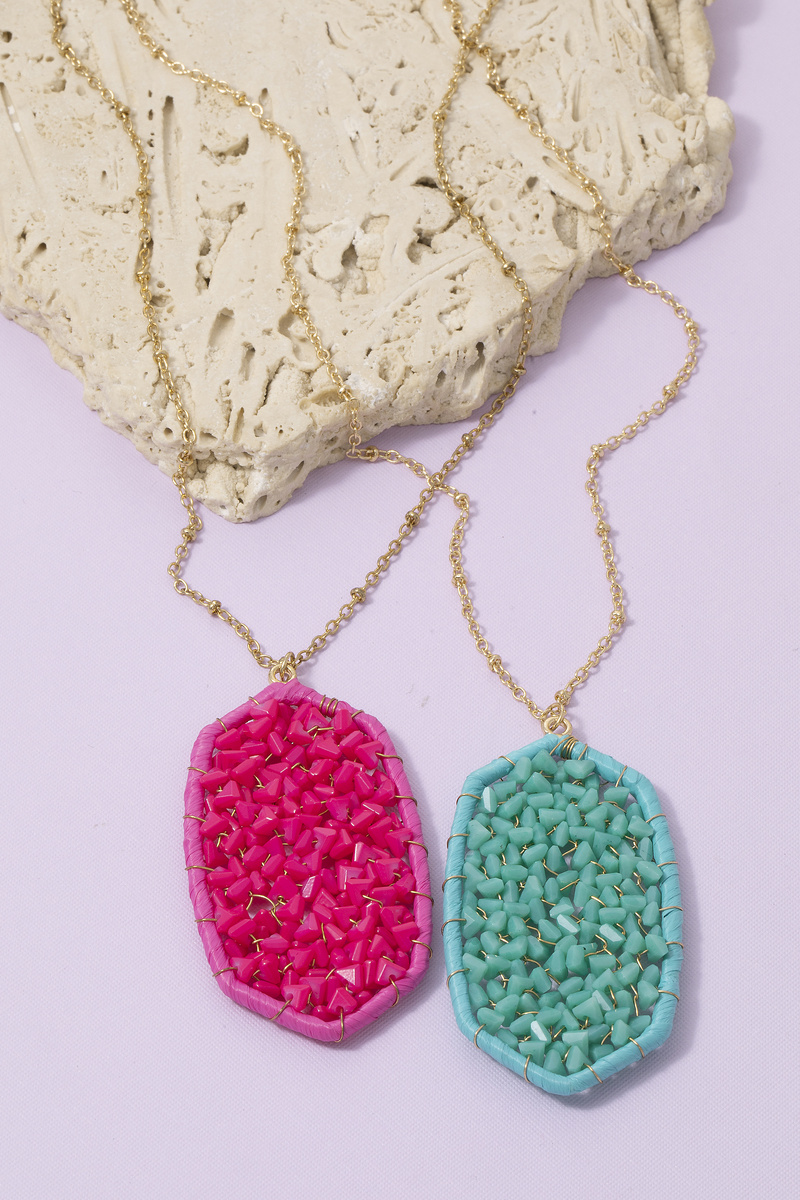 Turquoise Beaded Hexagon Pendant Long Necklace