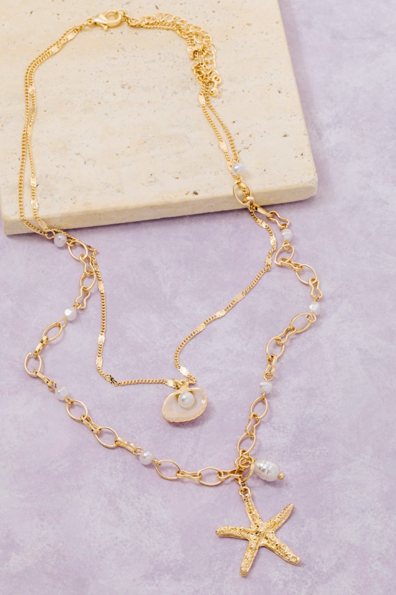 Starfish And Pearl Shell Pendants Layered Chain Necklace