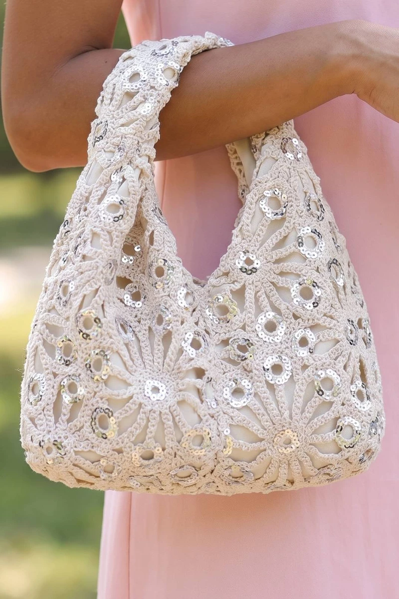 Sequin Lace Knotted Top Handle Bag
