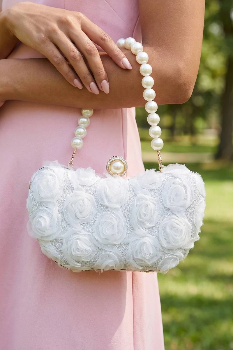Rosette Pearl Handle Evening Clutch