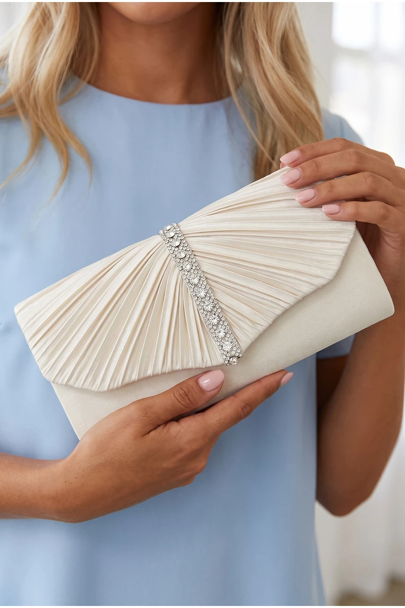 Pleated Satin Rhinestone Bar Clutch