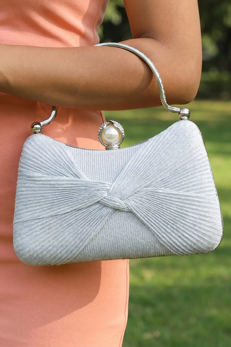 Knotted Glitter Pearl Clasp Top Handle Bag