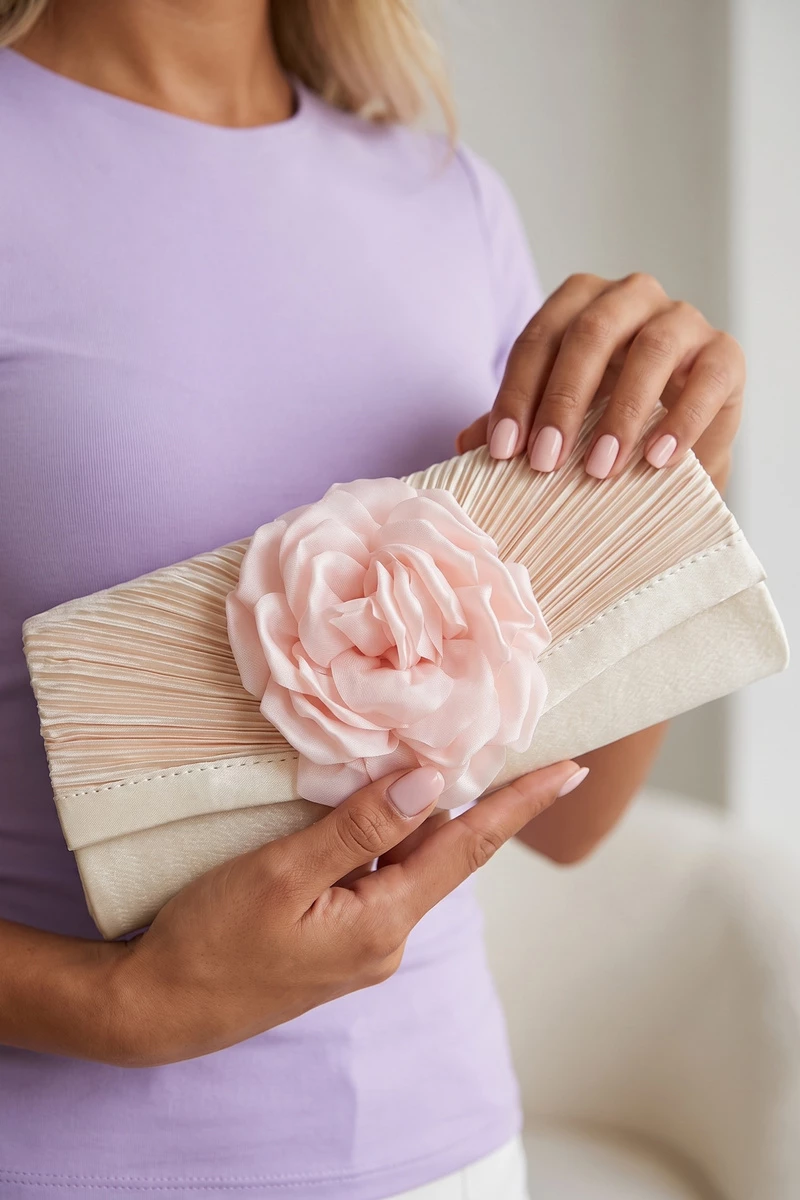 Pleated Satin Rose Evening Clutch