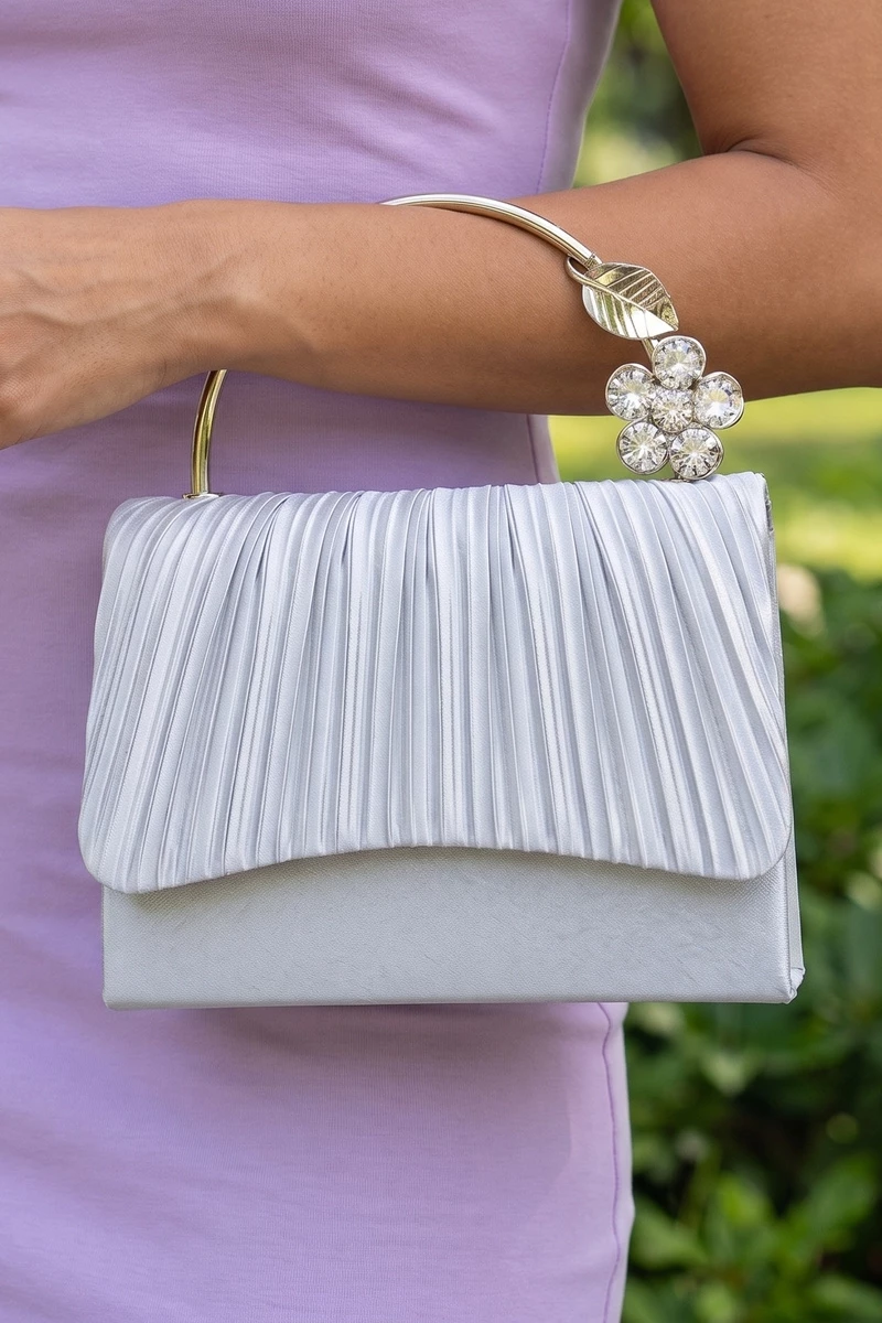 Pleated Satin Flower Top Handle Bag