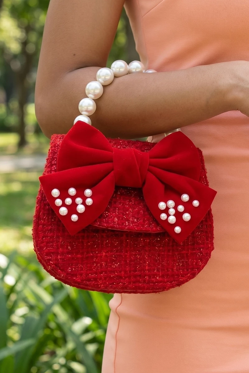 Pearl Handle Velvet Bow Tweed Bag