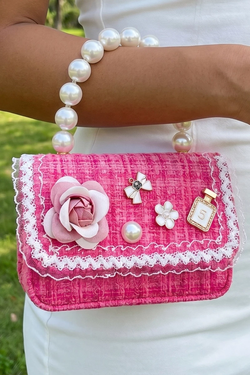 Camellia Flower Tweed Pearl Handle Bag