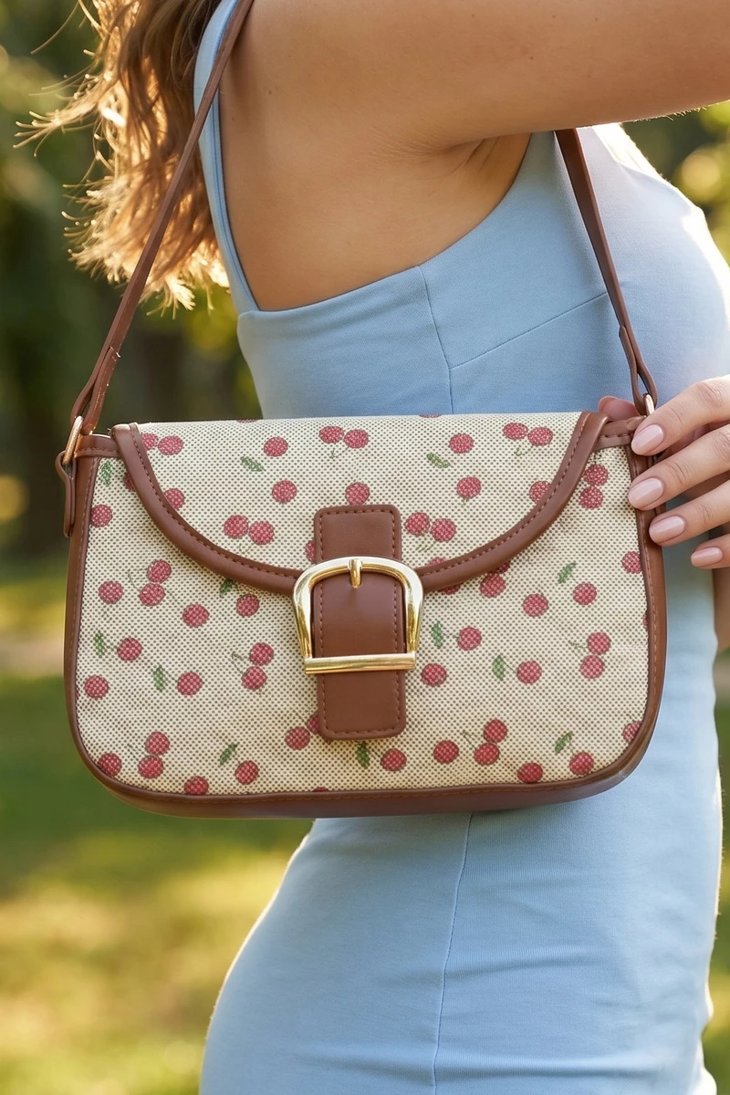 Cherry Print Buckle Saddle Shoulder Bag