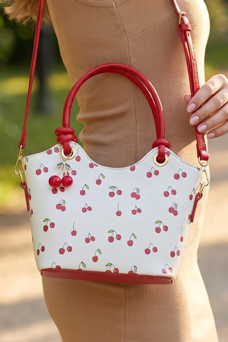 Cherry Print Mini Bucket Tote Bag