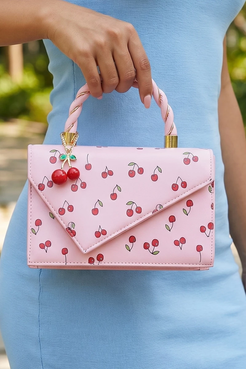 Cherry Print Twisted Handle Flap Bag