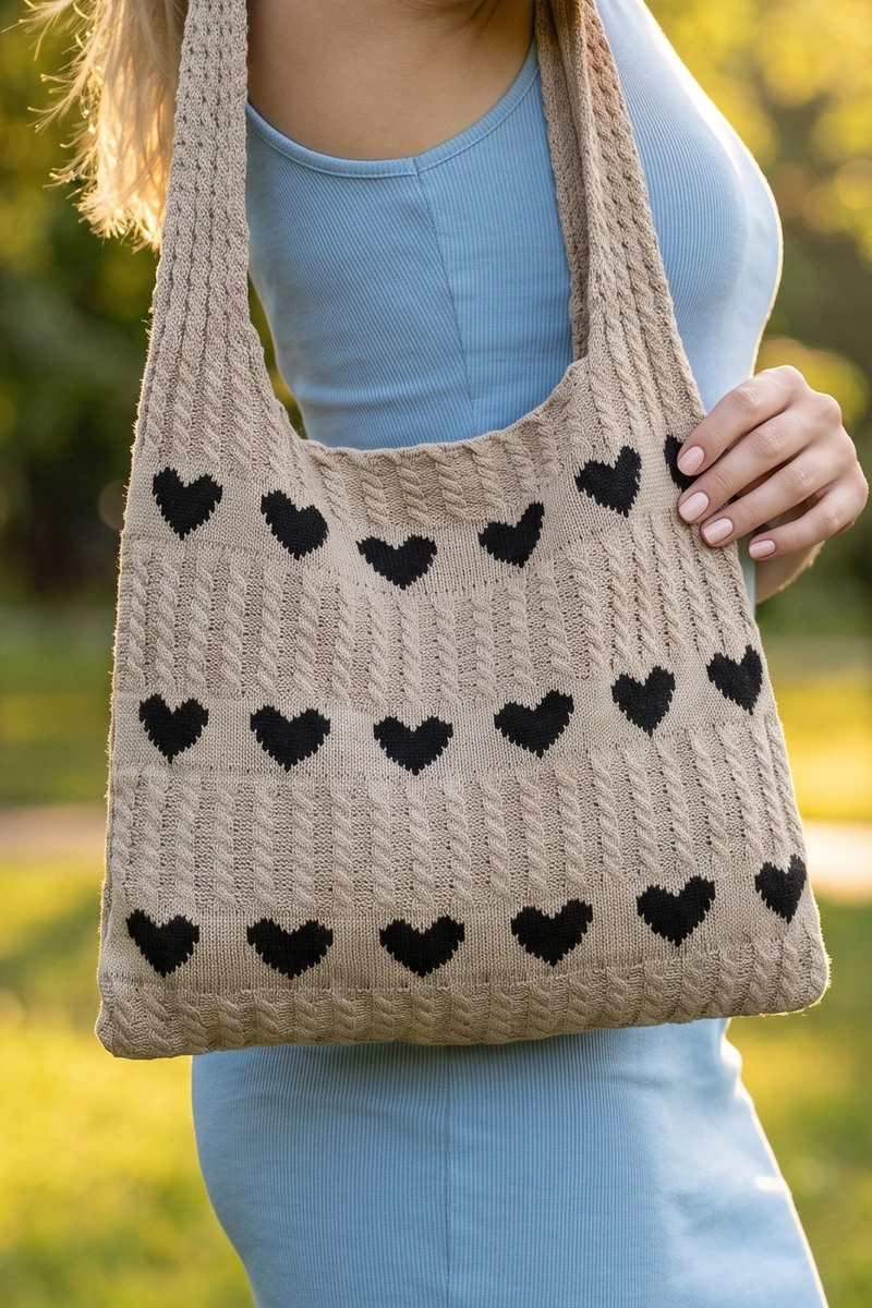 Heart Knit Slouchy Shoulder Tote Bag