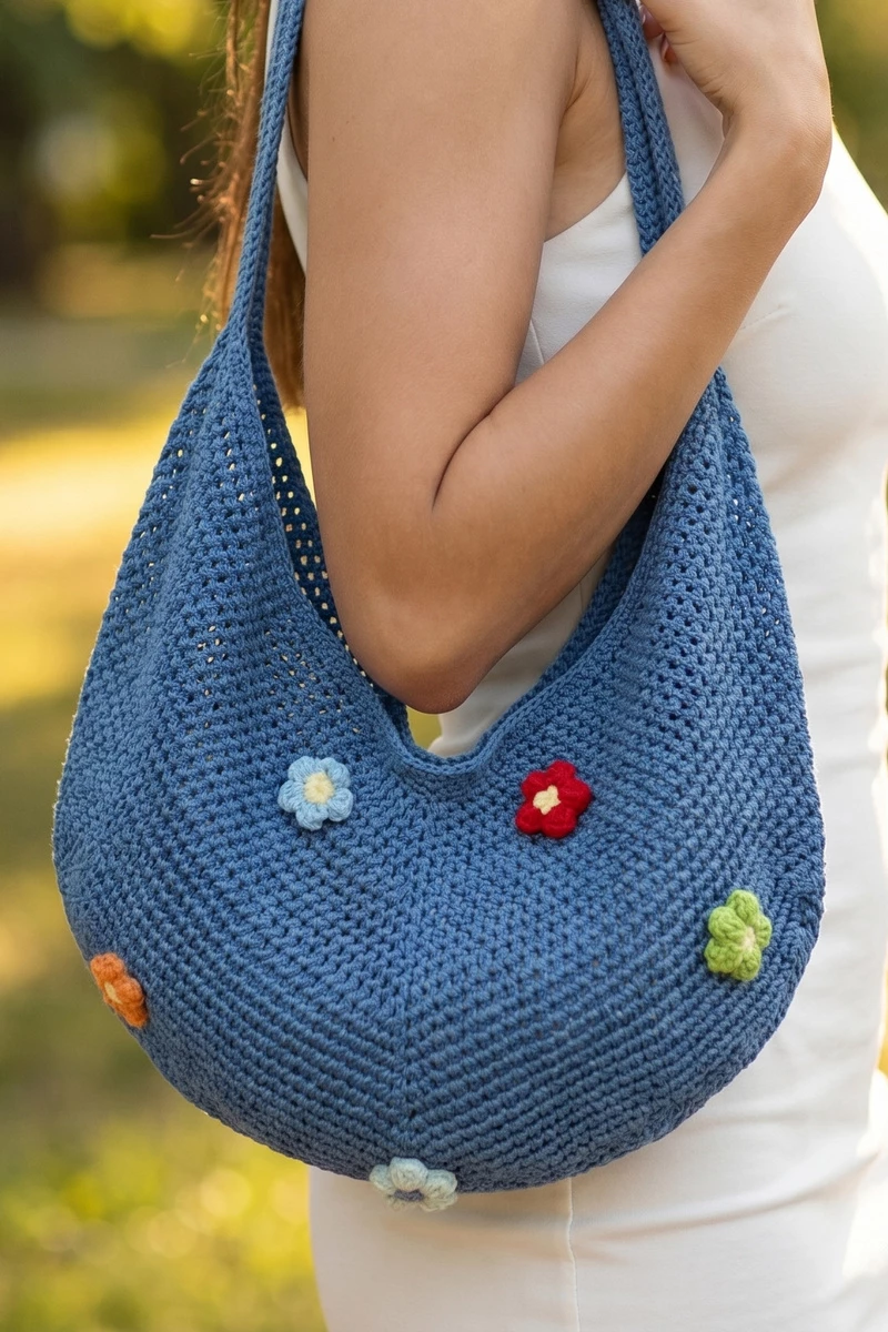 Flower Charm Crochet Hobo Shoulder Bag