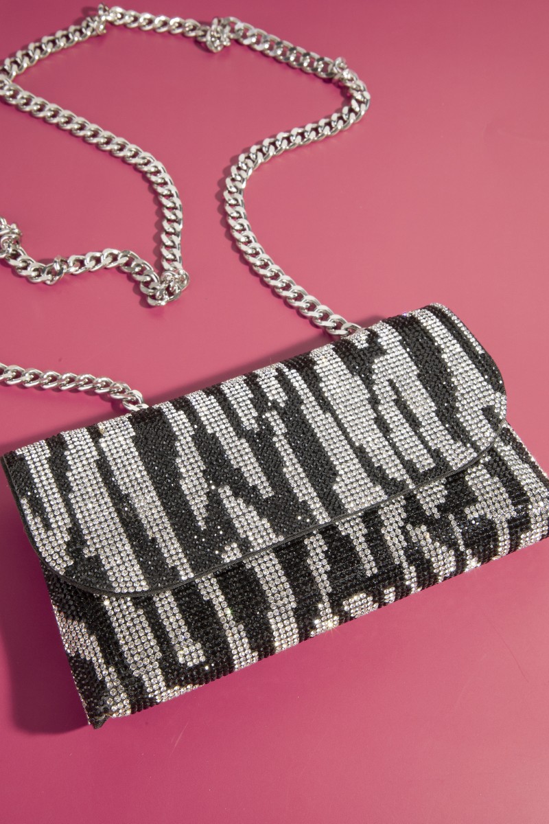 Zebra Print Full Rhinestone Studded Evening Bag