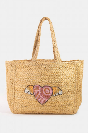 Seed Beaded Angel Heart Jute Tote Bag