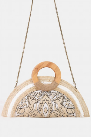 Filigree Pattern Jute Half Circle Hand Bag