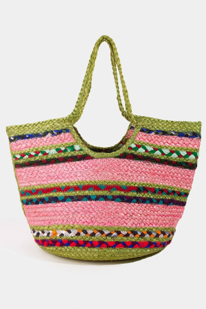 Vibrant Pink And Green Jute Tote Bag
