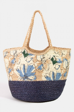 Two Tone Floral Print Jute Tote Bag