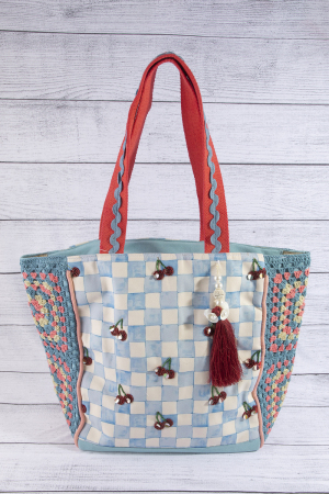 Checkerboard Cherry Bead Crochet Panel Tote Bag