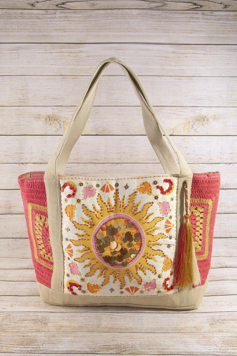 Sequin Sun Embroidered Crochet Panel Tote Bag