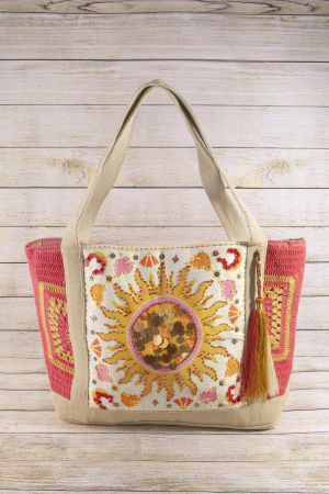 Sequin Sun Embroidered Crochet Panel Tote Bag
