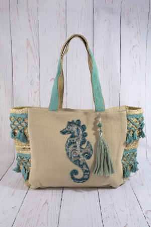 Seahorse Embroidered Jute Fringe Panel Tote Bag