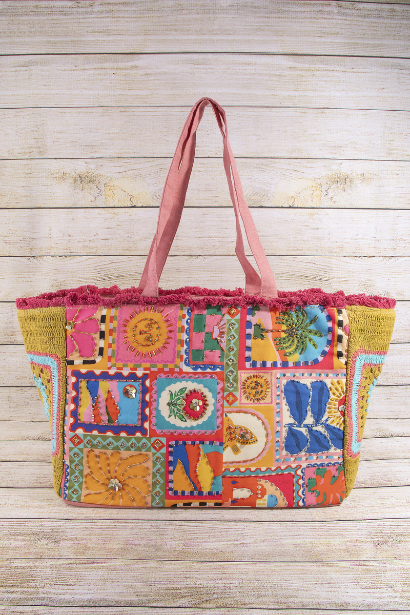 Folk Art Patchwork Fringe Crochet Canvas Tote Bag