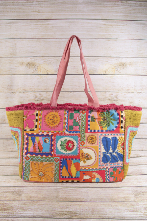 Folk Art Patchwork Fringe Crochet Canvas Tote Bag